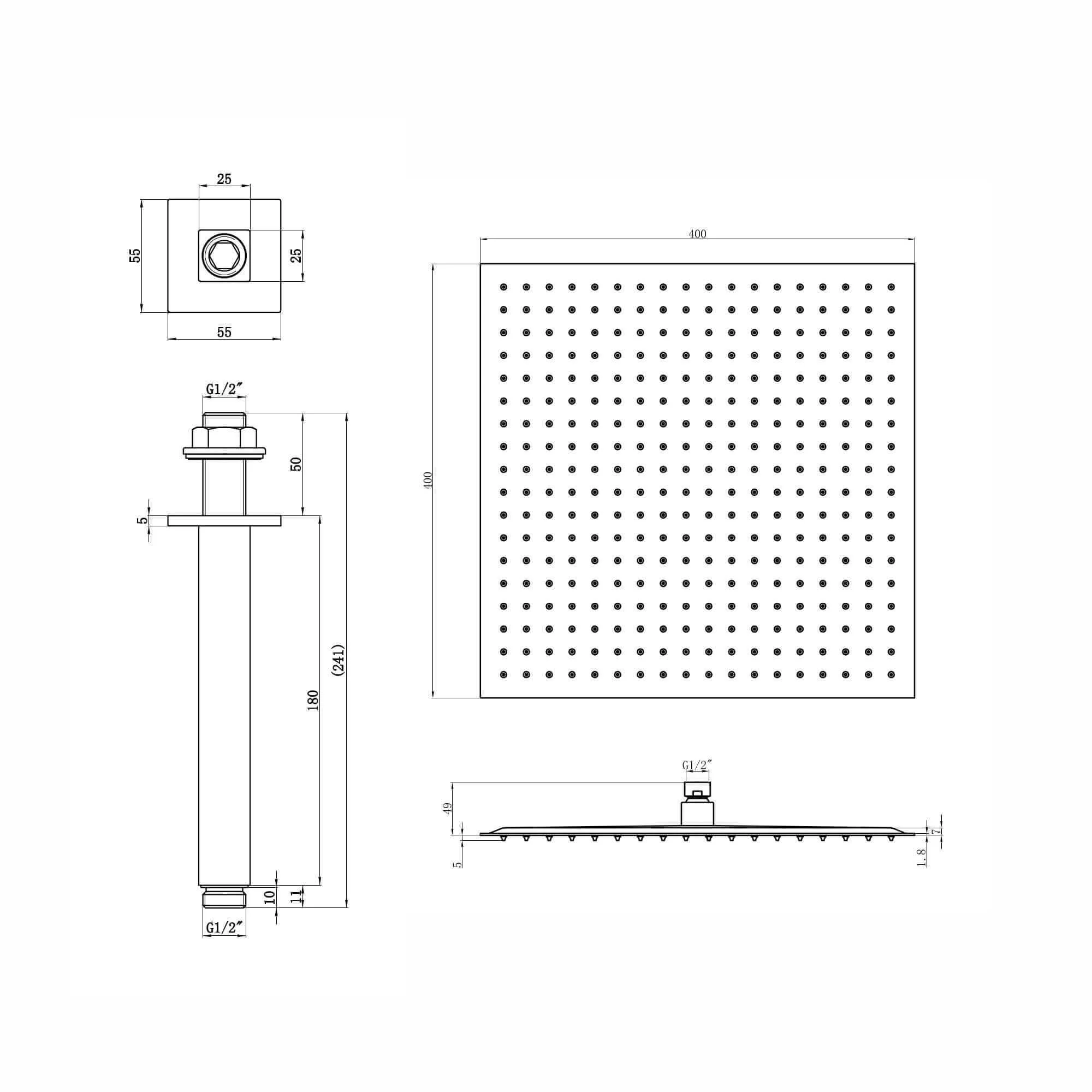 Spello Square Thermostatic Concealed Shower Set with Ceiling Mounted Shower - Black - Image 5
