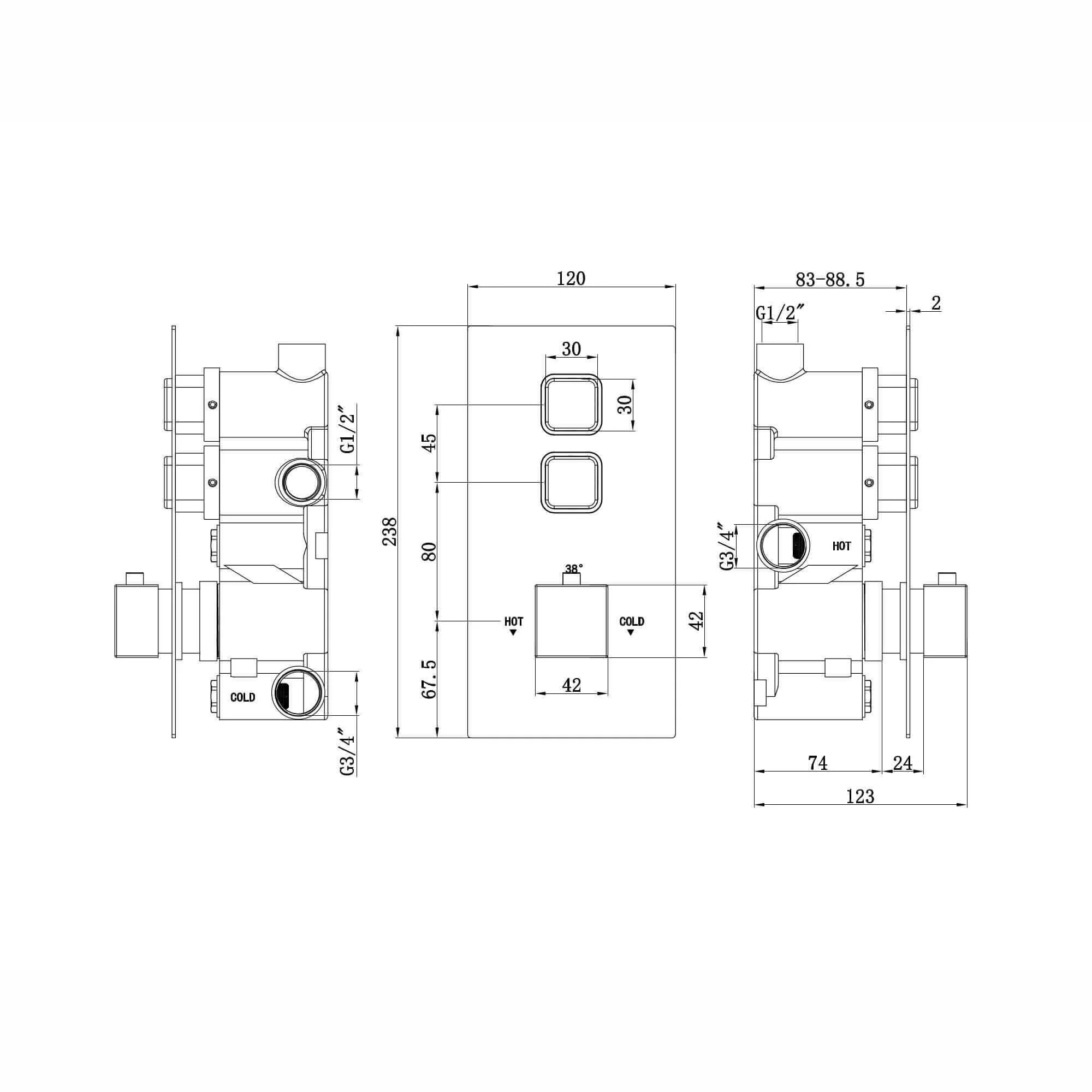 Spello Square Thermostatic Concealed Shower Set with Wall Mounted Shower & Handset Kit - Chrome - Image 6