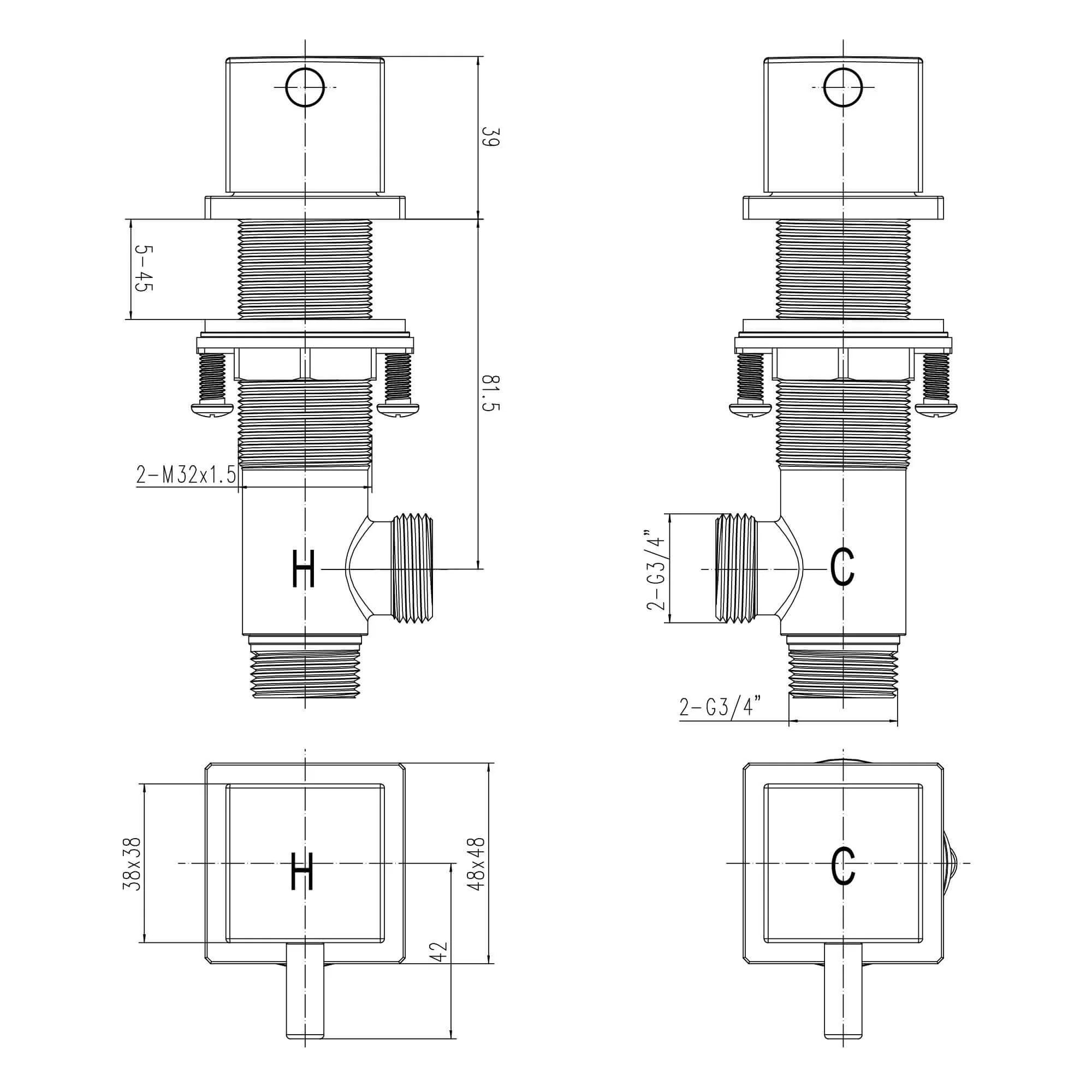 Square 3/4" deck bath side valves (pair) - chrome - Image 2