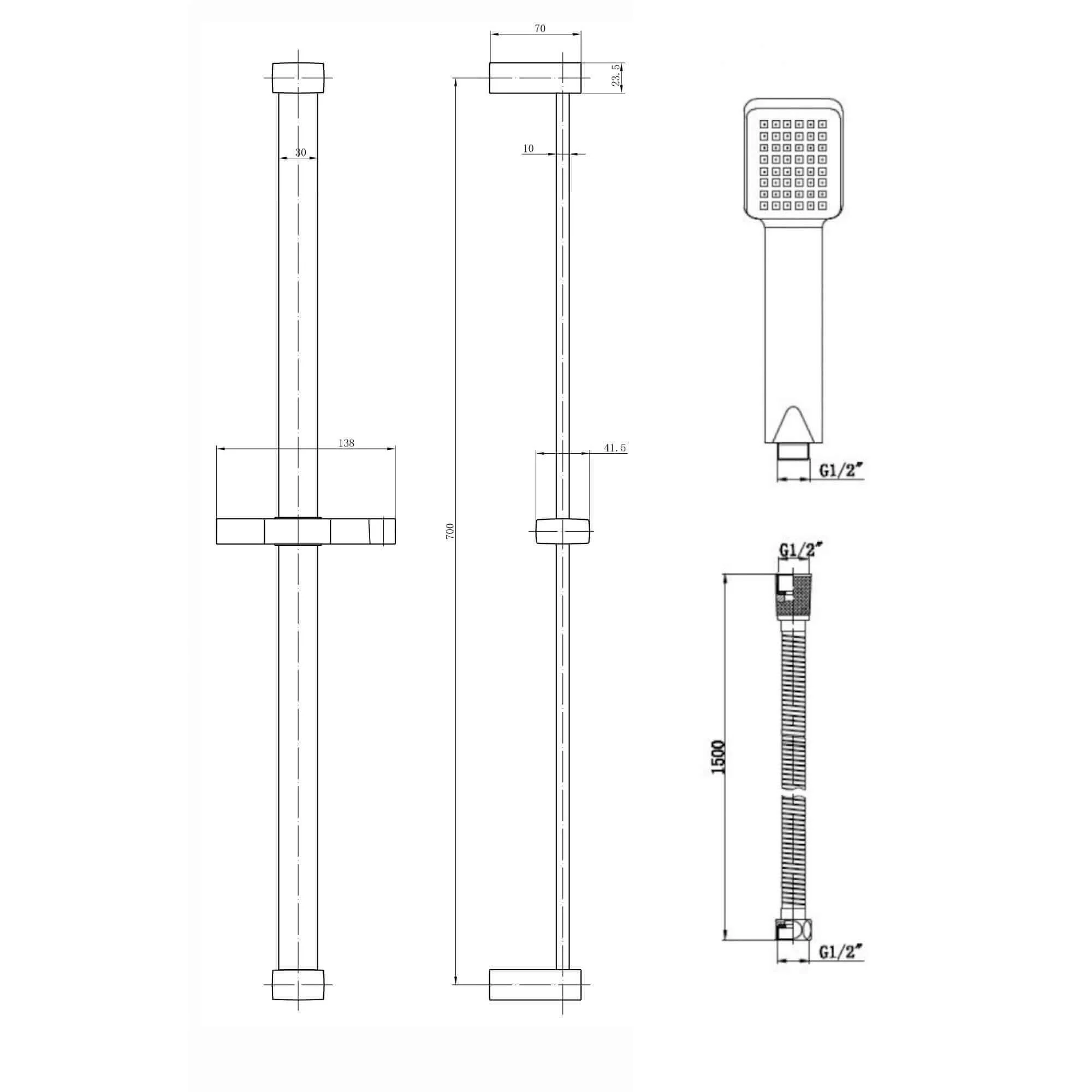 Square contemporary shower slider riser rail kit with handset and hose - black - Image 6