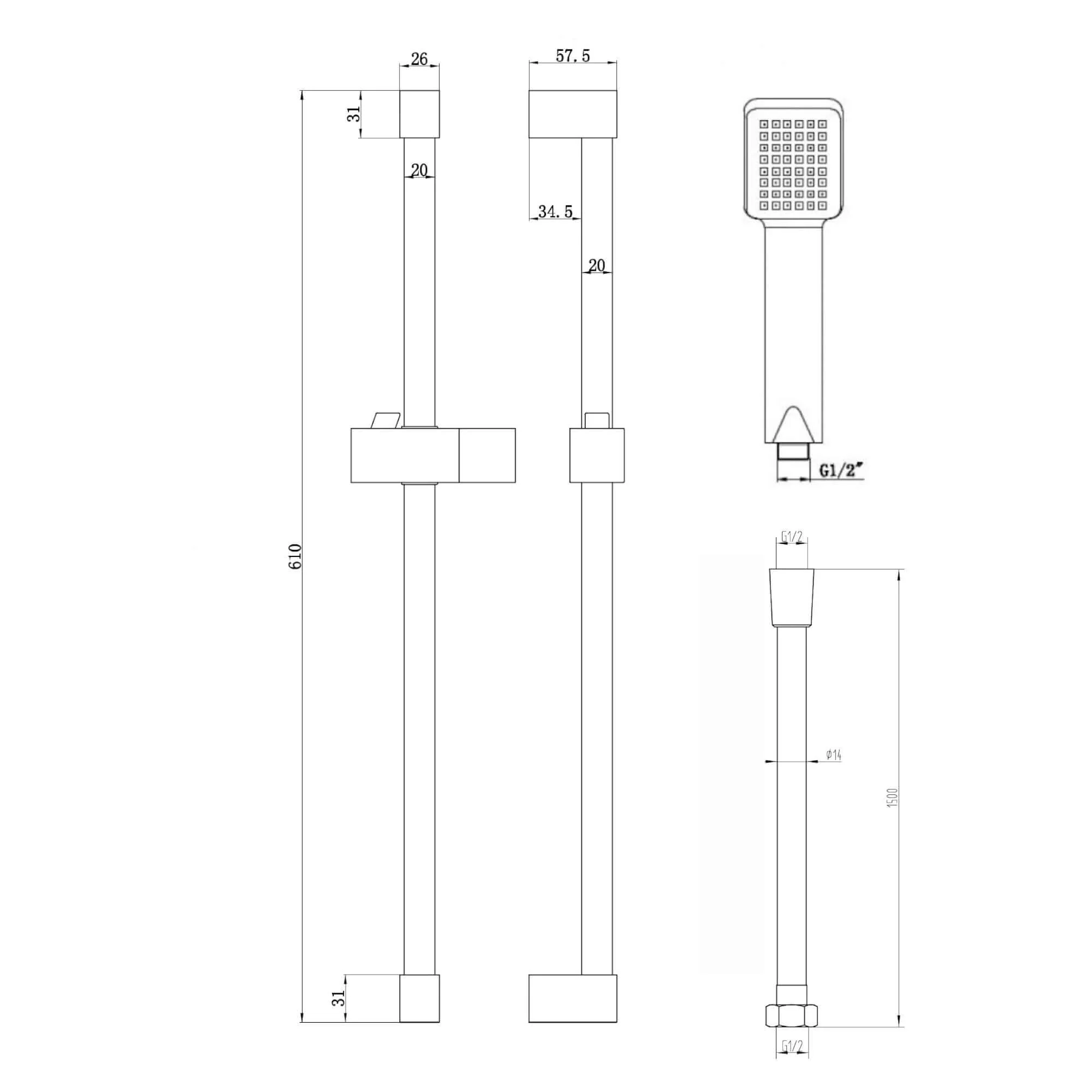 Square Design Shower Slider Riser Rail Kit With Handset And Hose - Black - Image 4