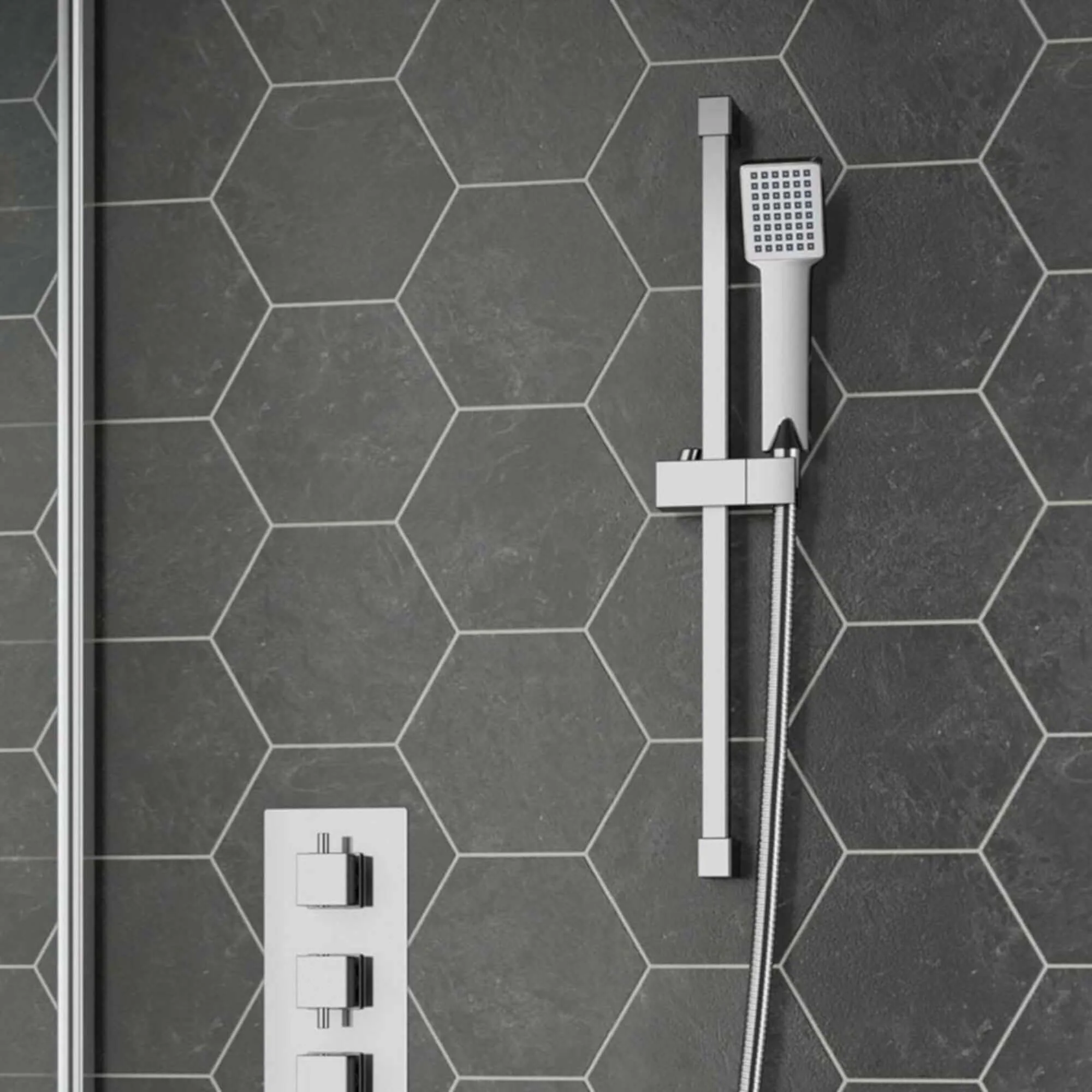 Square design shower slider riser rail kit with handset and hose - chrome - Image 5