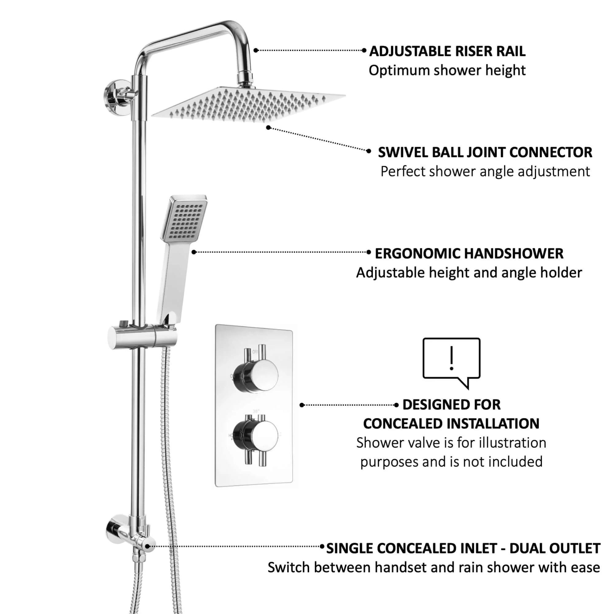 Square dual shower riser rail kit for concealed installation - chrome - Image 4