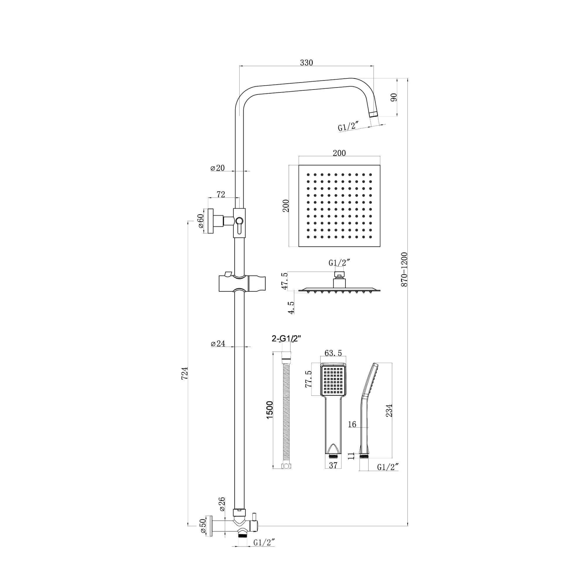 Square dual shower riser rail kit for concealed installation - chrome - Image 5