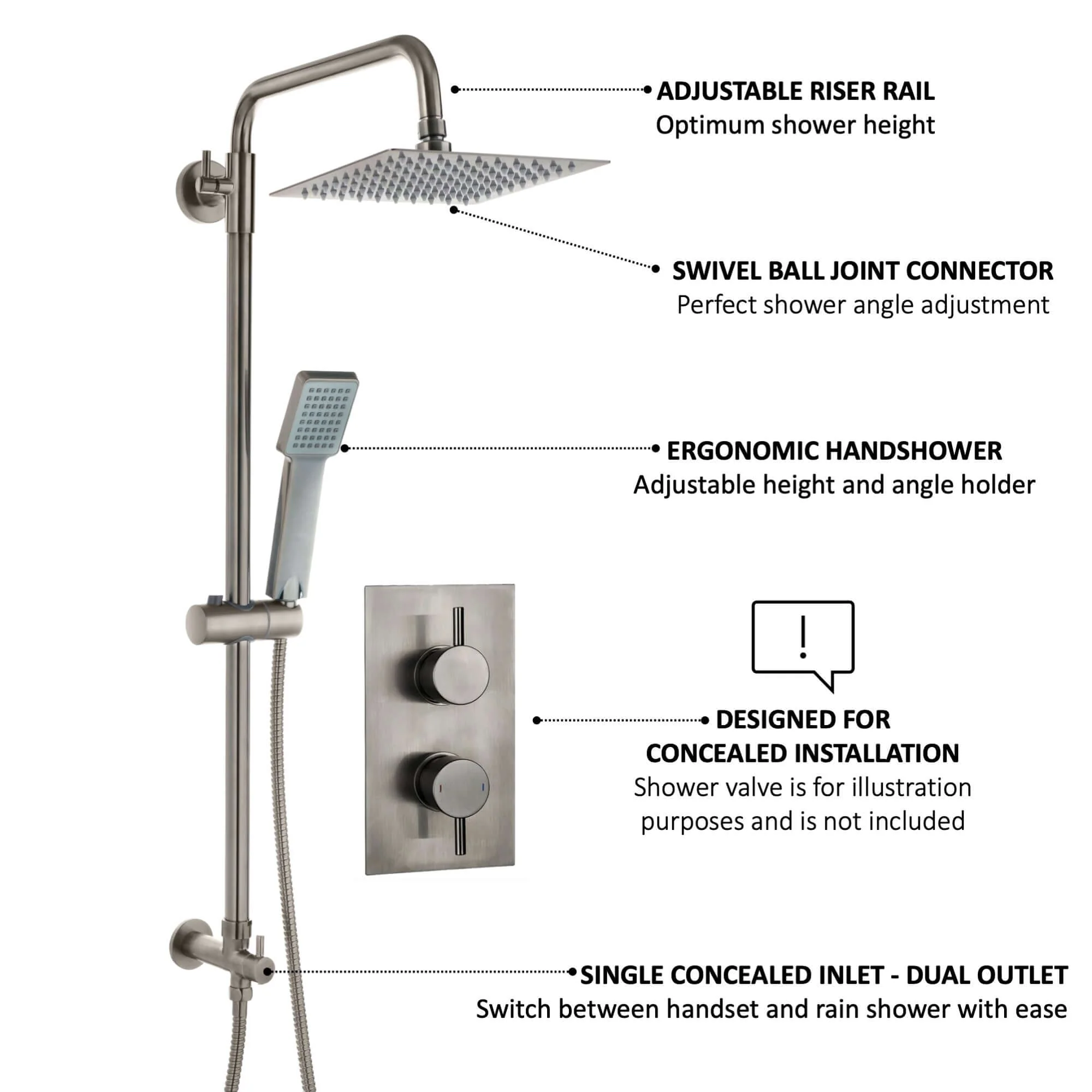 Square dual shower riser rail kit for concealed installation - gunmetal grey - Image 4