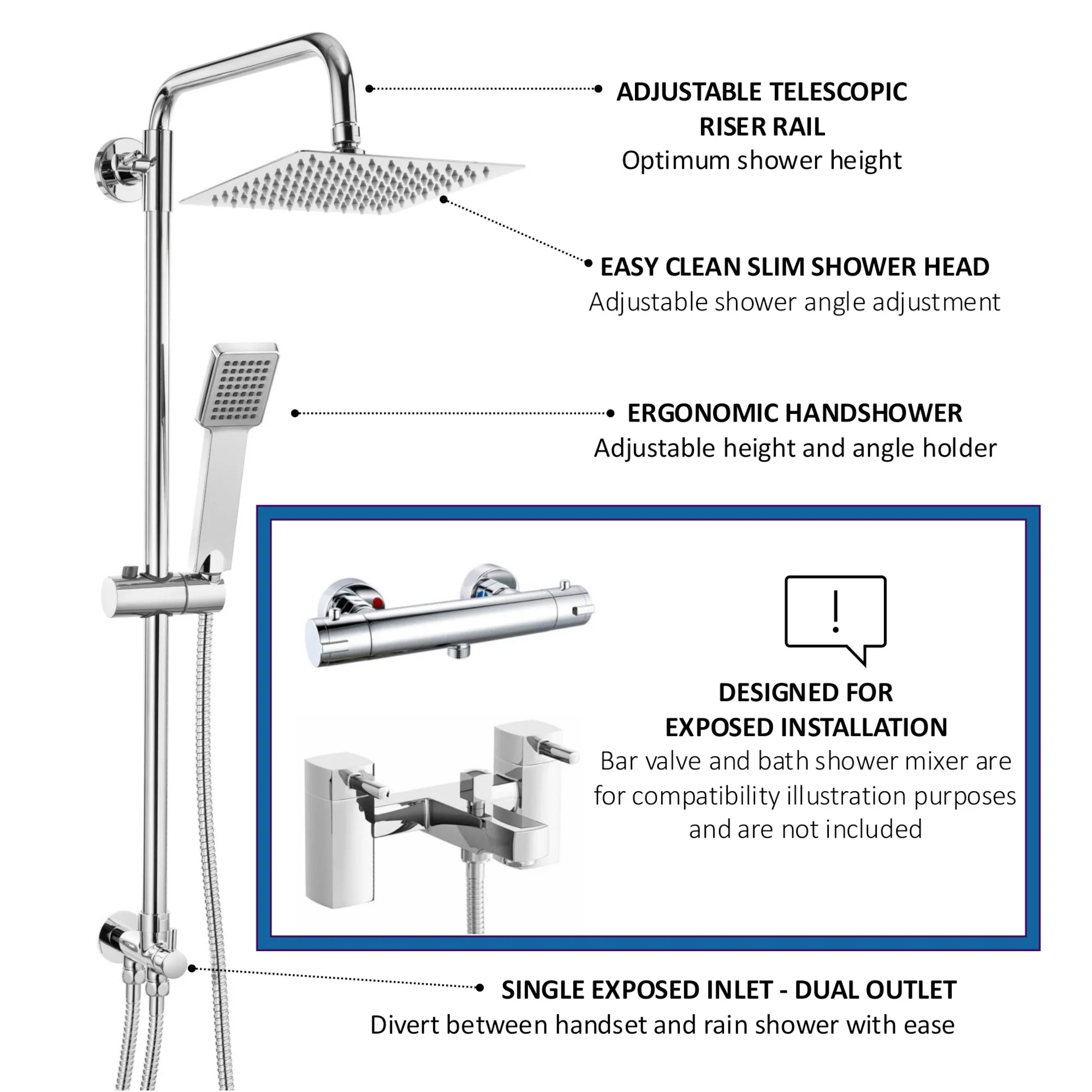 Square dual shower riser rail kit for exposed installation - chrome - Image 4