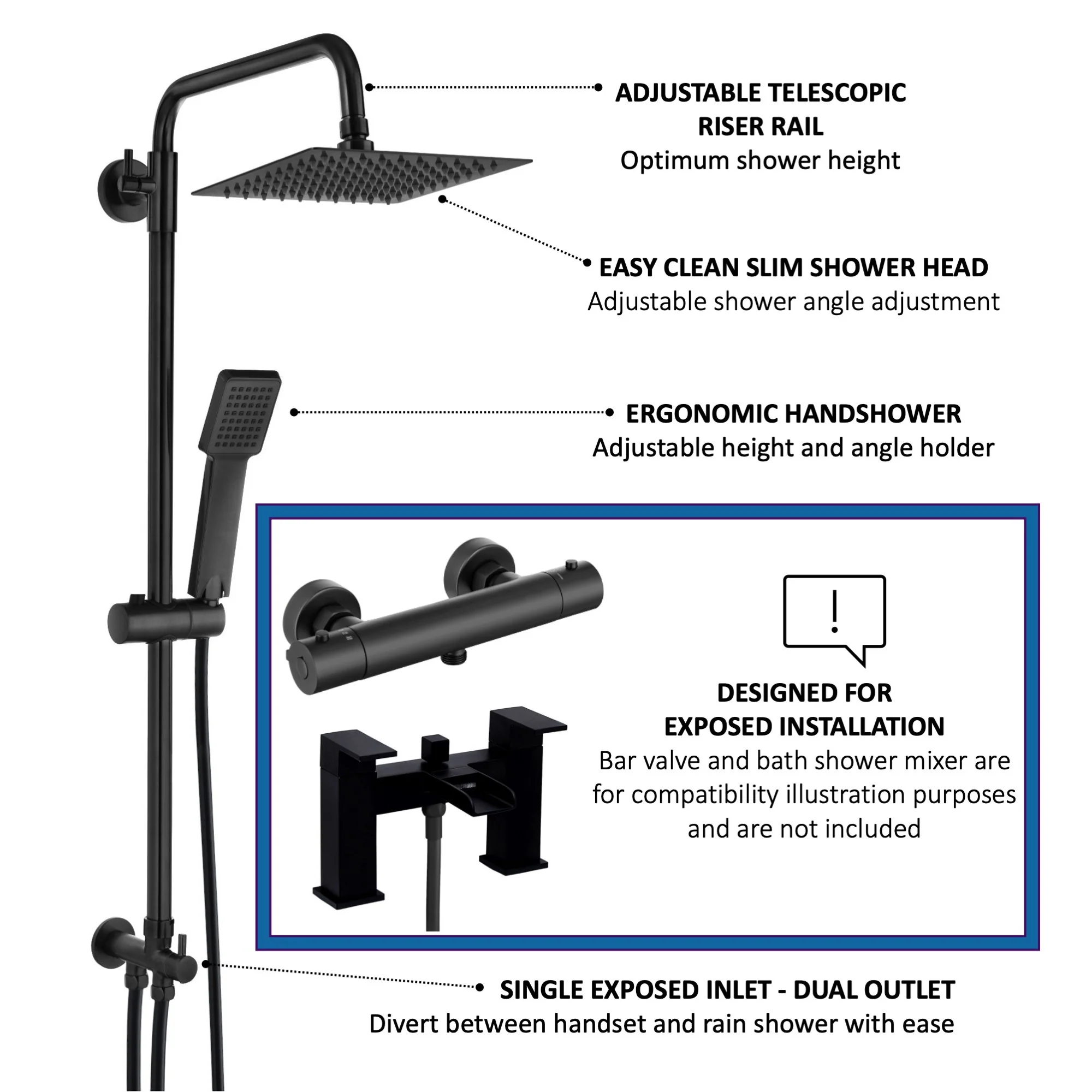 Square dual shower riser rail kit for exposed installation - matt black - Image 4