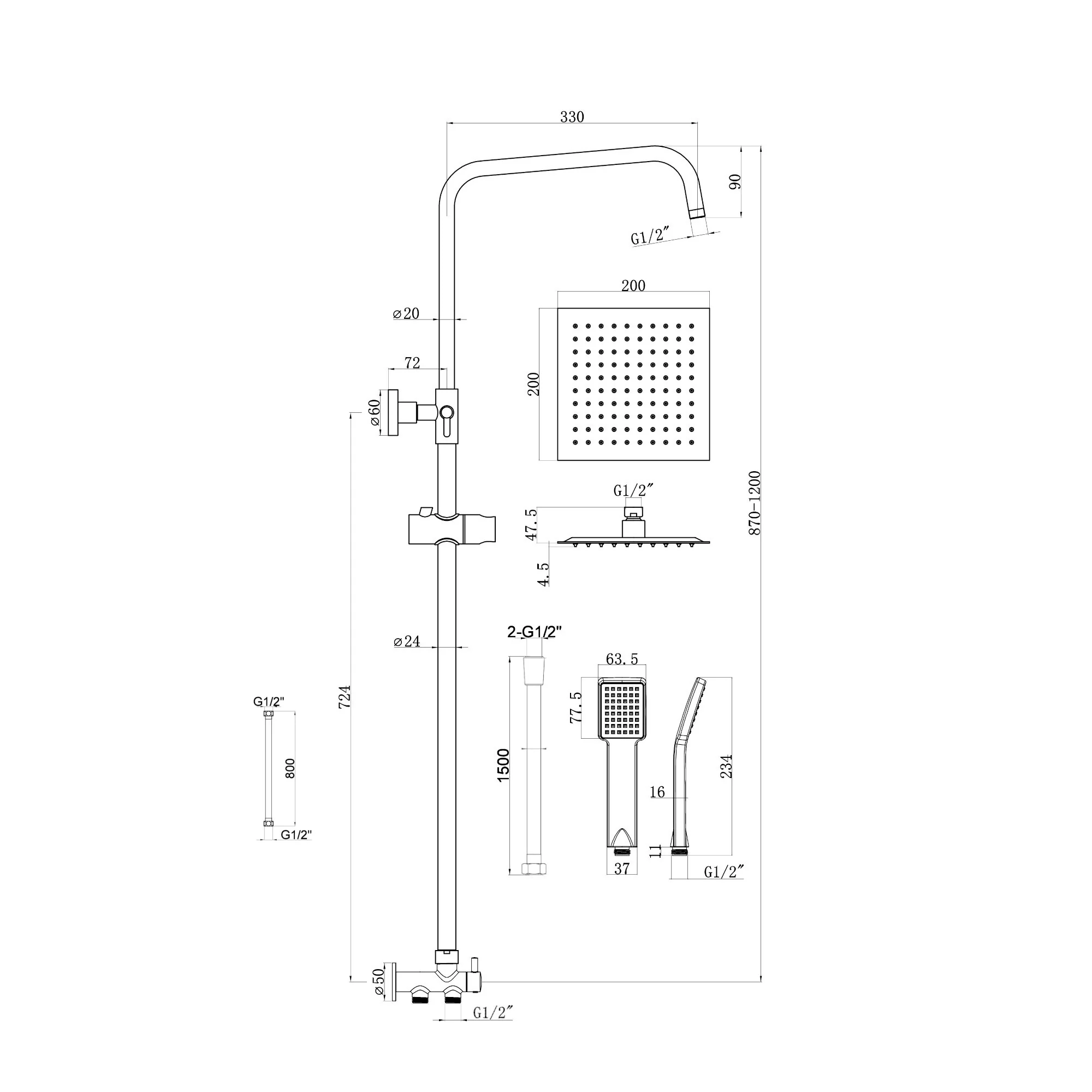 Square dual shower riser rail kit for exposed installation - matt black - Image 5