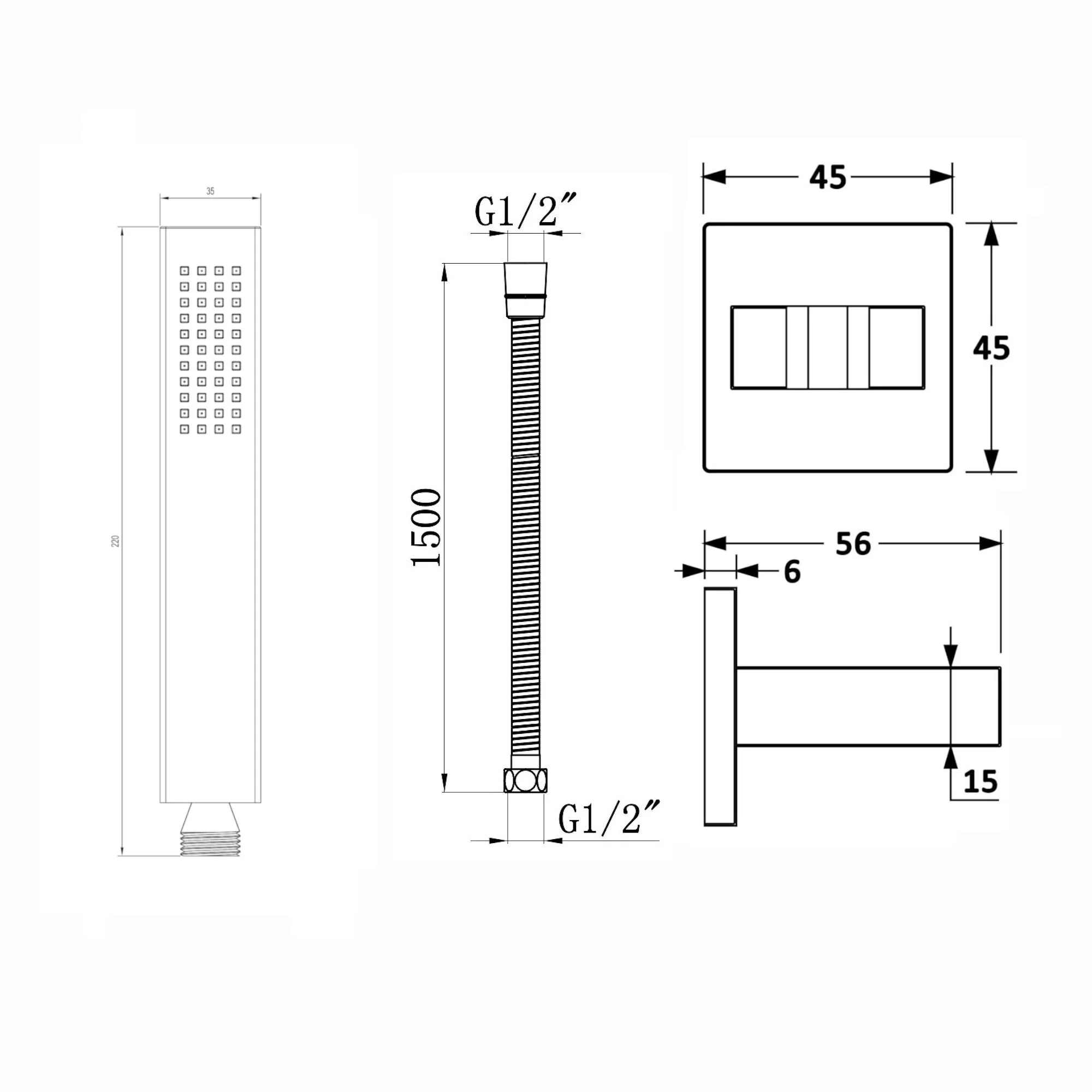 Luxury brass rectangular hand shower kit incl. hose and brass wall bracket - chrome - Image 3