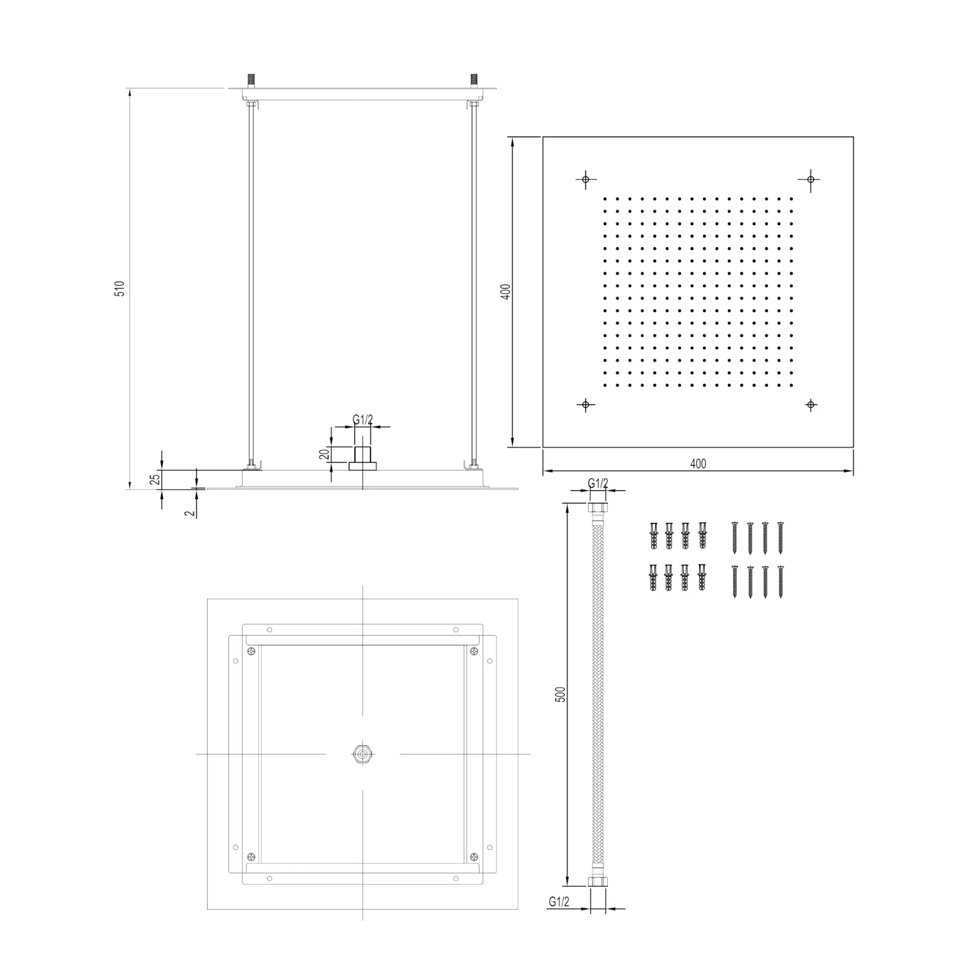 Square recessed 400mm shower head stainless steel - gunmetal grey - Image 3