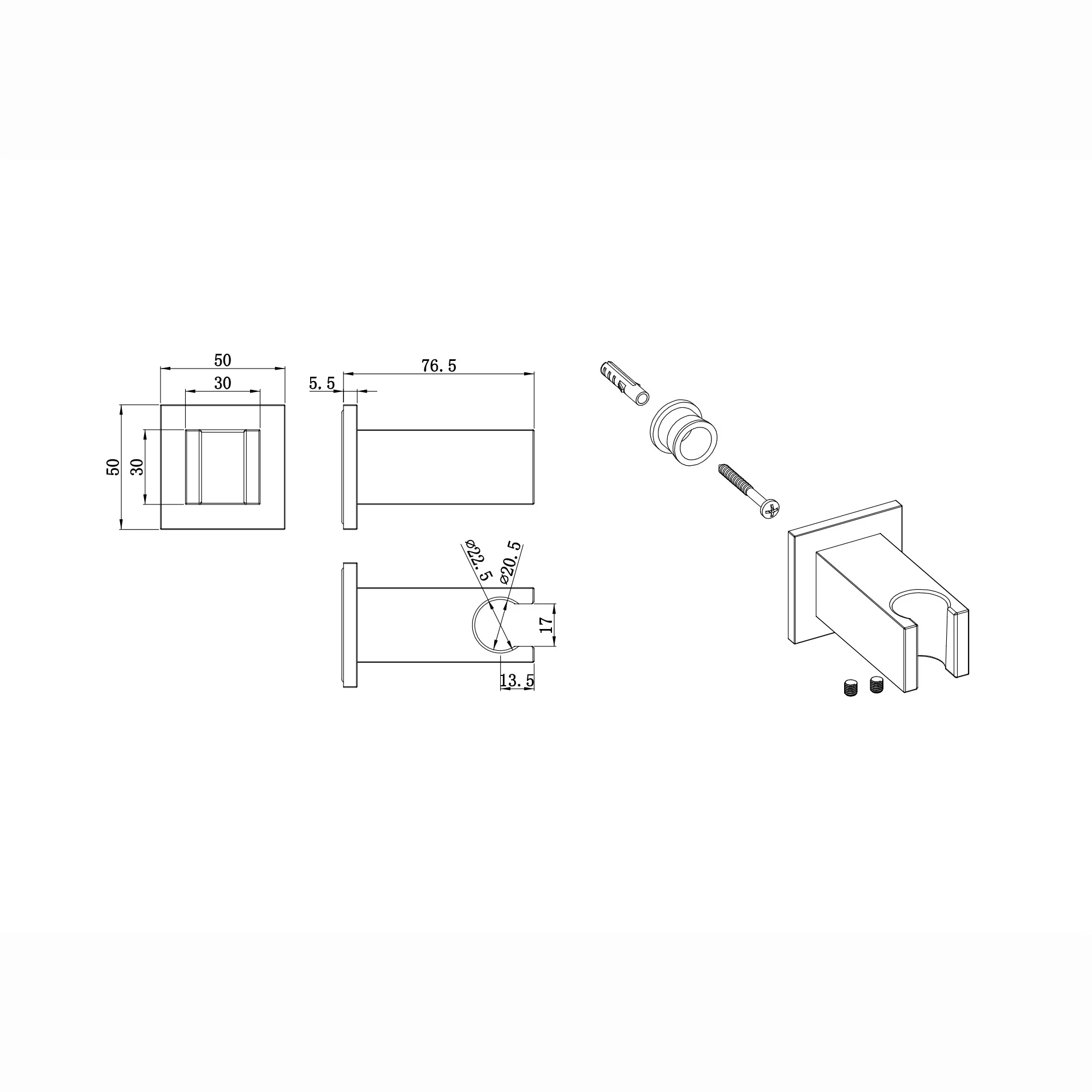 Square wall bracket for shower heads solid brass - brushed brass - Image 2