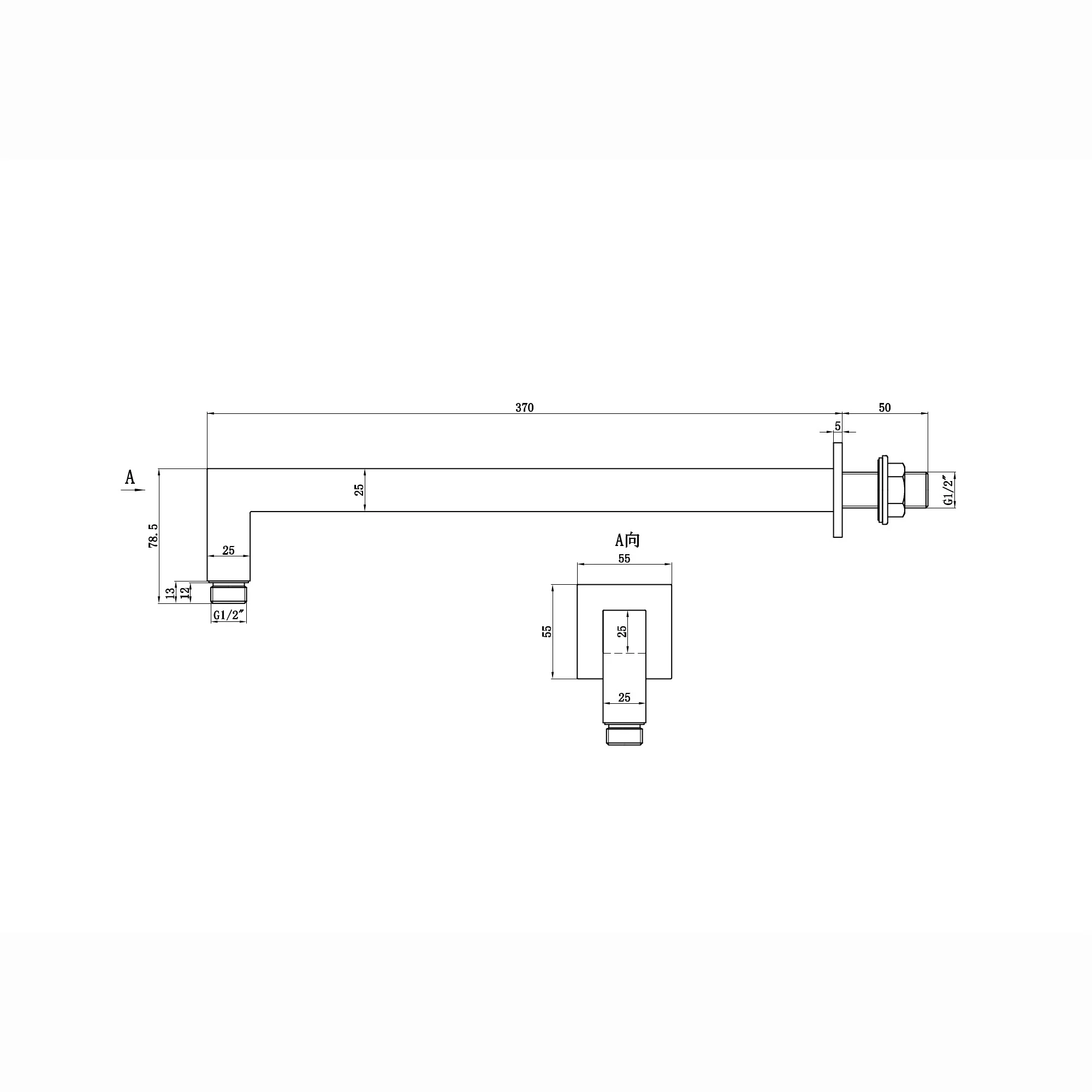 Square wall mounted 90 degree bend shower arm 370mm - brushed brass - Image 2