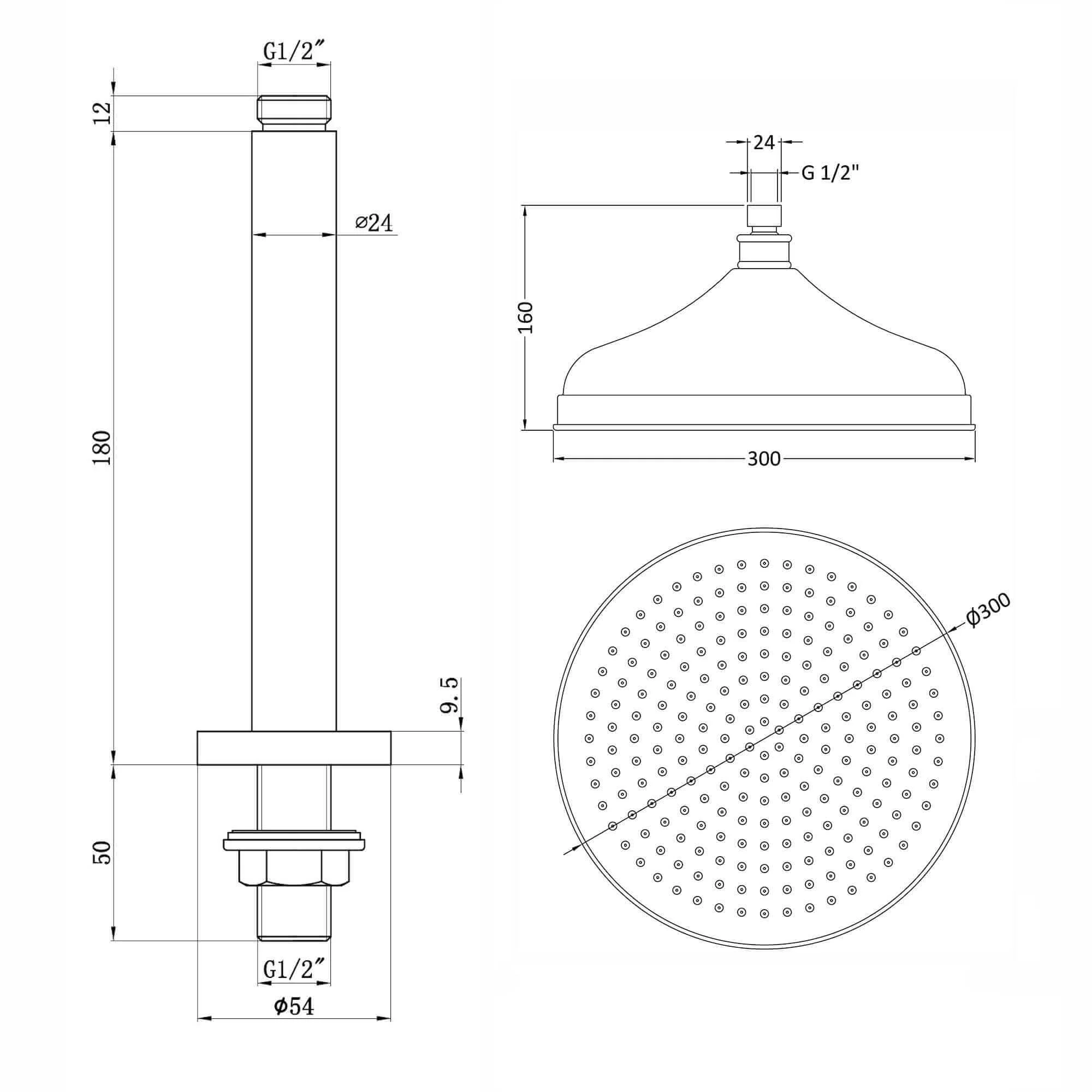 Traditional Ceiling Fixed Apron Brass Shower Head 12" With 180mm Ceiling Shower Arm - Chrome - Image 2