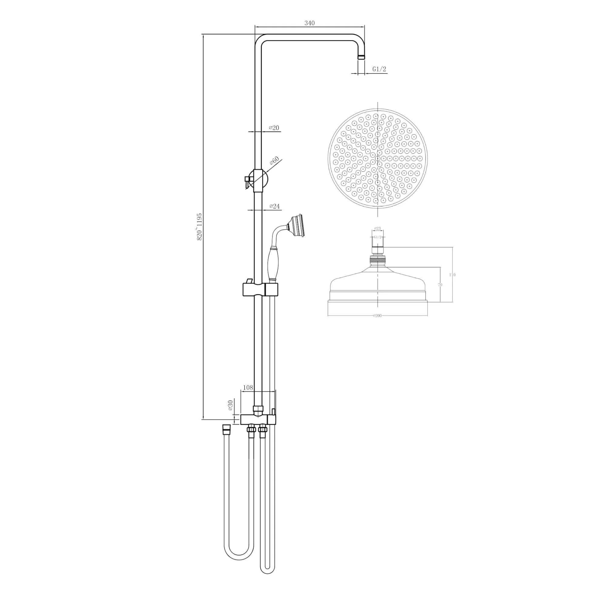 Traditional dual shower riser rail kit for exposed installation - antique brass - Image 2
