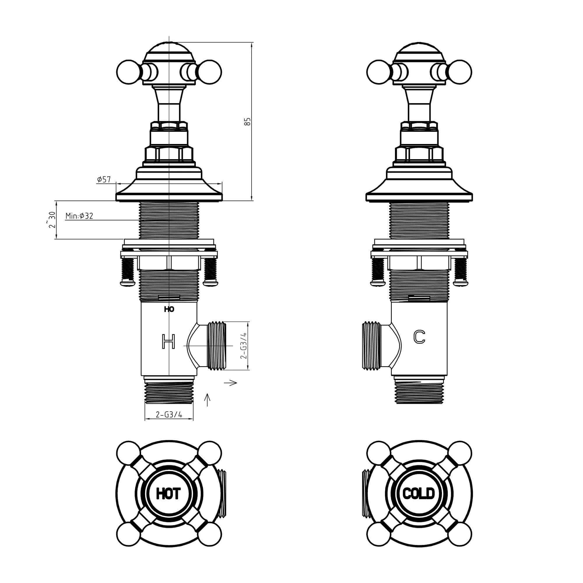 Traditional overflow bath filler with 3/4" deck bath side valves (pair) - antique brass - Image 5