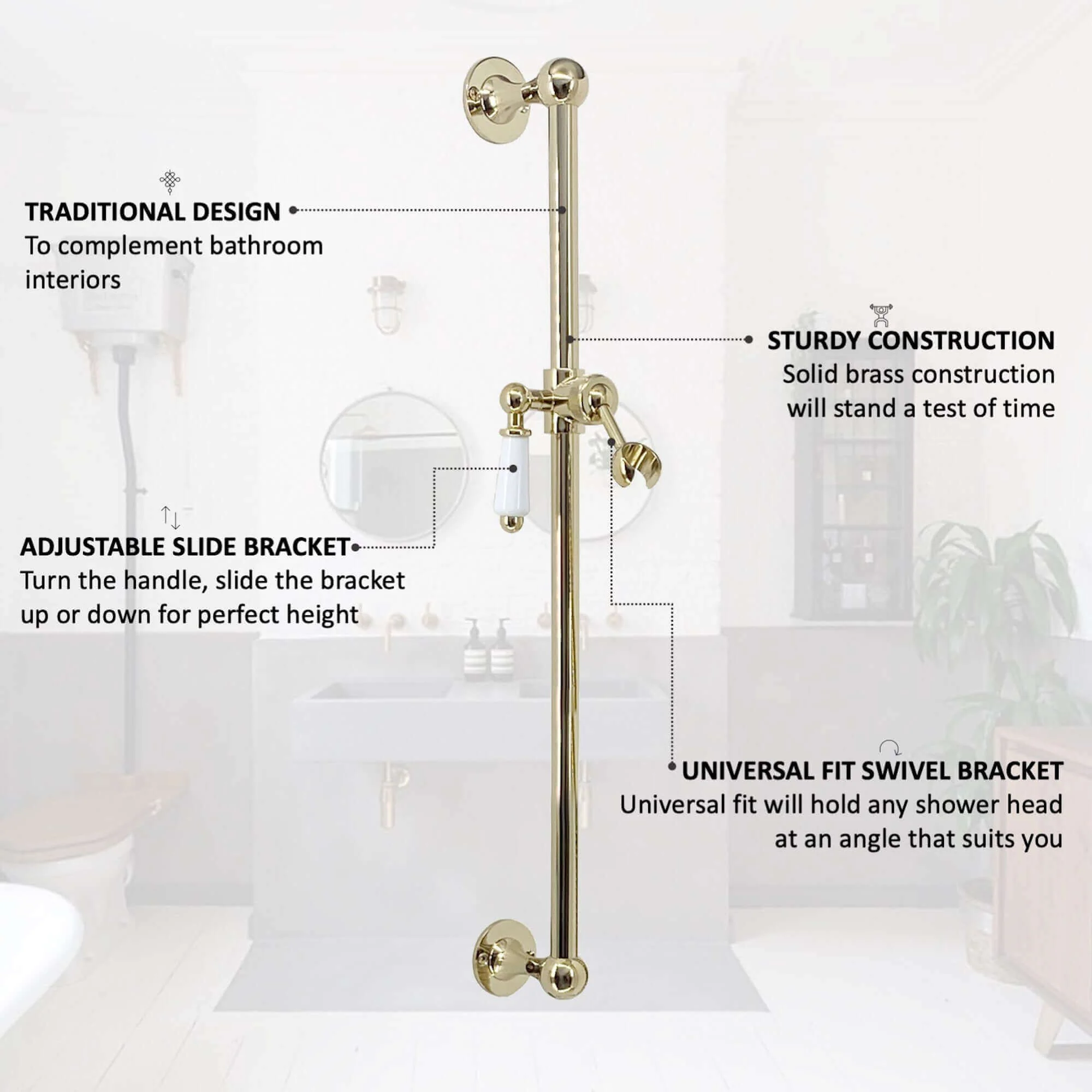 Traditional shower slider rail brass with white ceramic lever bracket - gold - Image 2