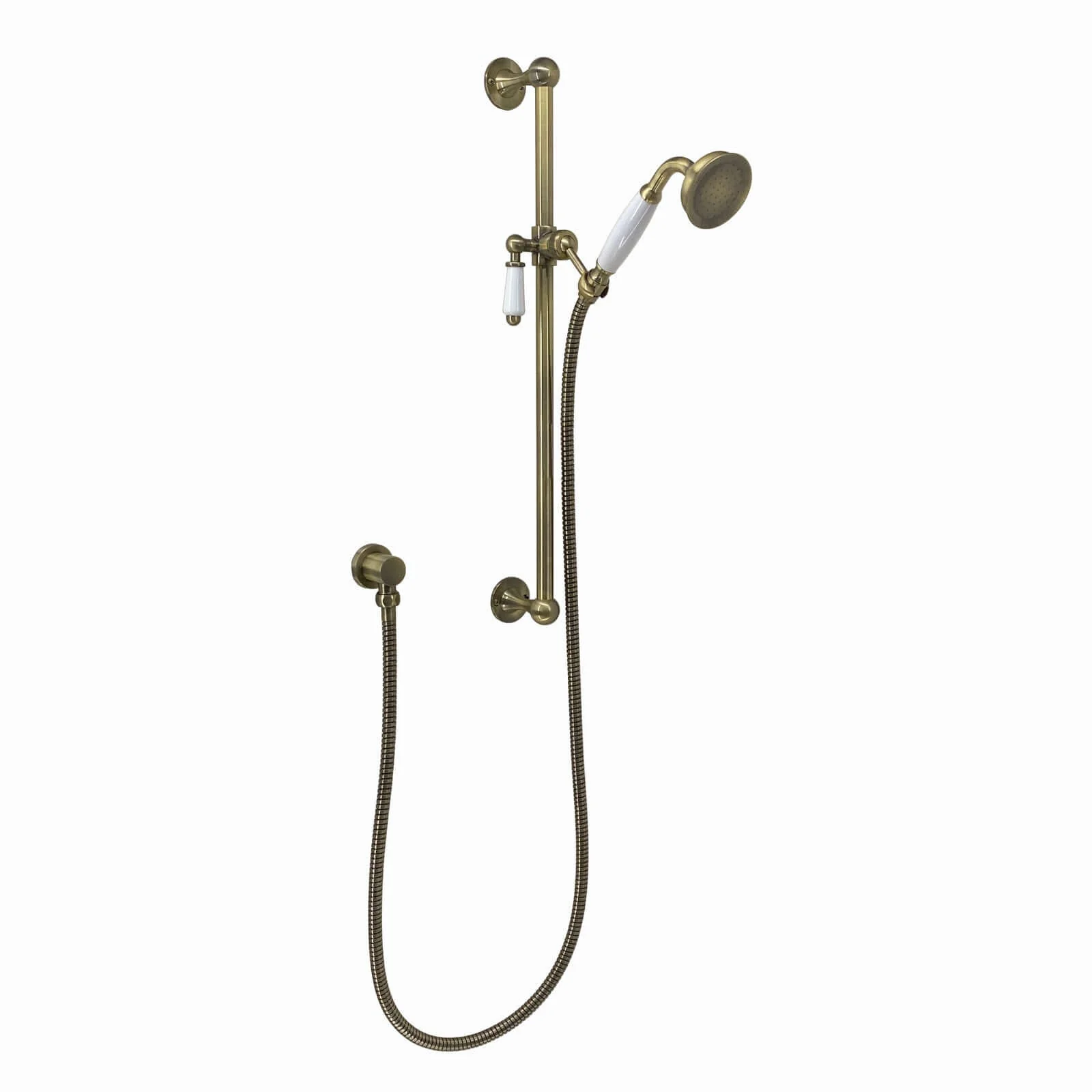 Traditional Shower Slider Rail Kit Lever Design With Brass White Ceramic Handset, Hose And Wall Elbow Outlet - Antique Brass - Image 4