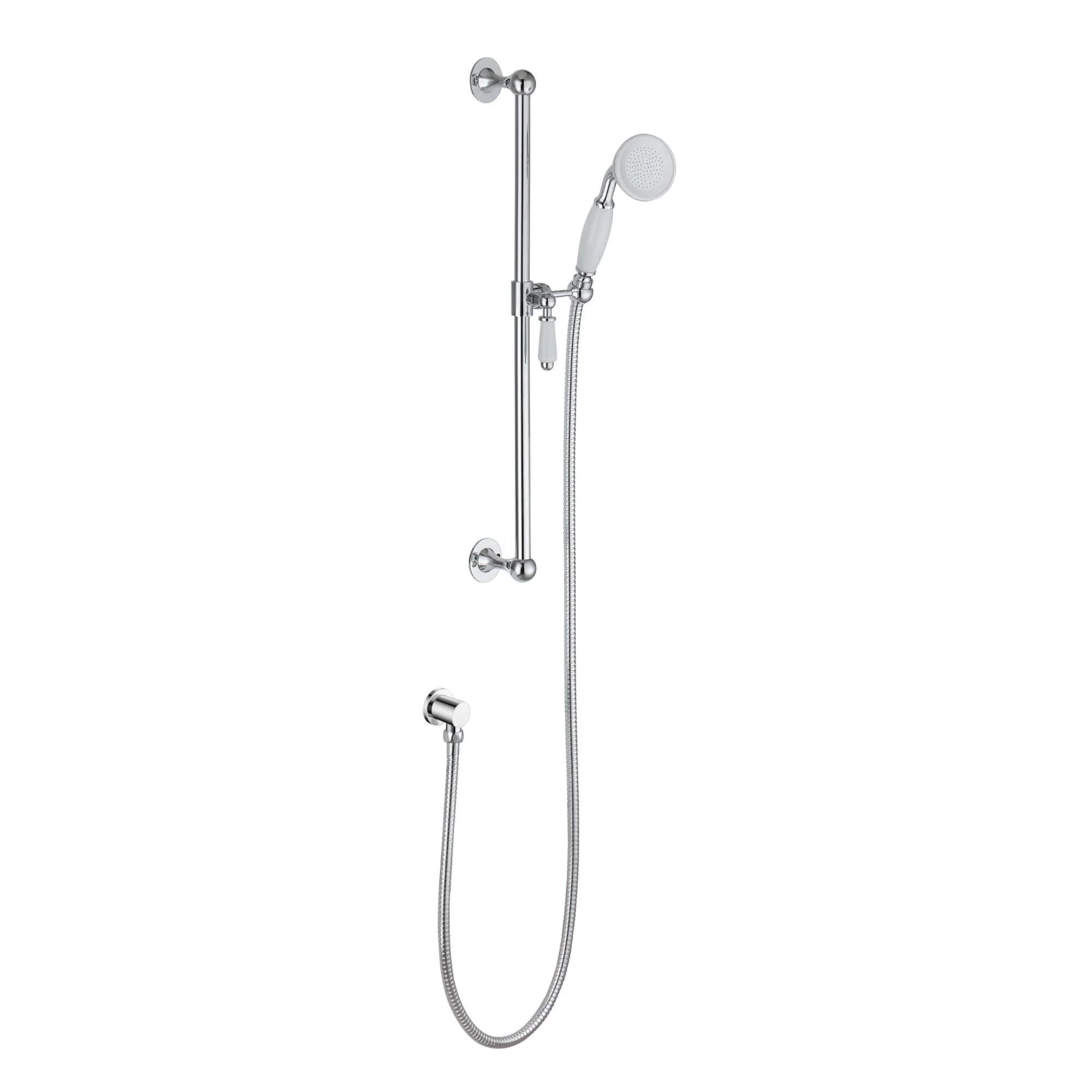 Traditional Shower Slider Rail Kit Lever Design With Brass White Ceramic Handset, Hose And Wall Elbow Outlet - Chrome - Image 4