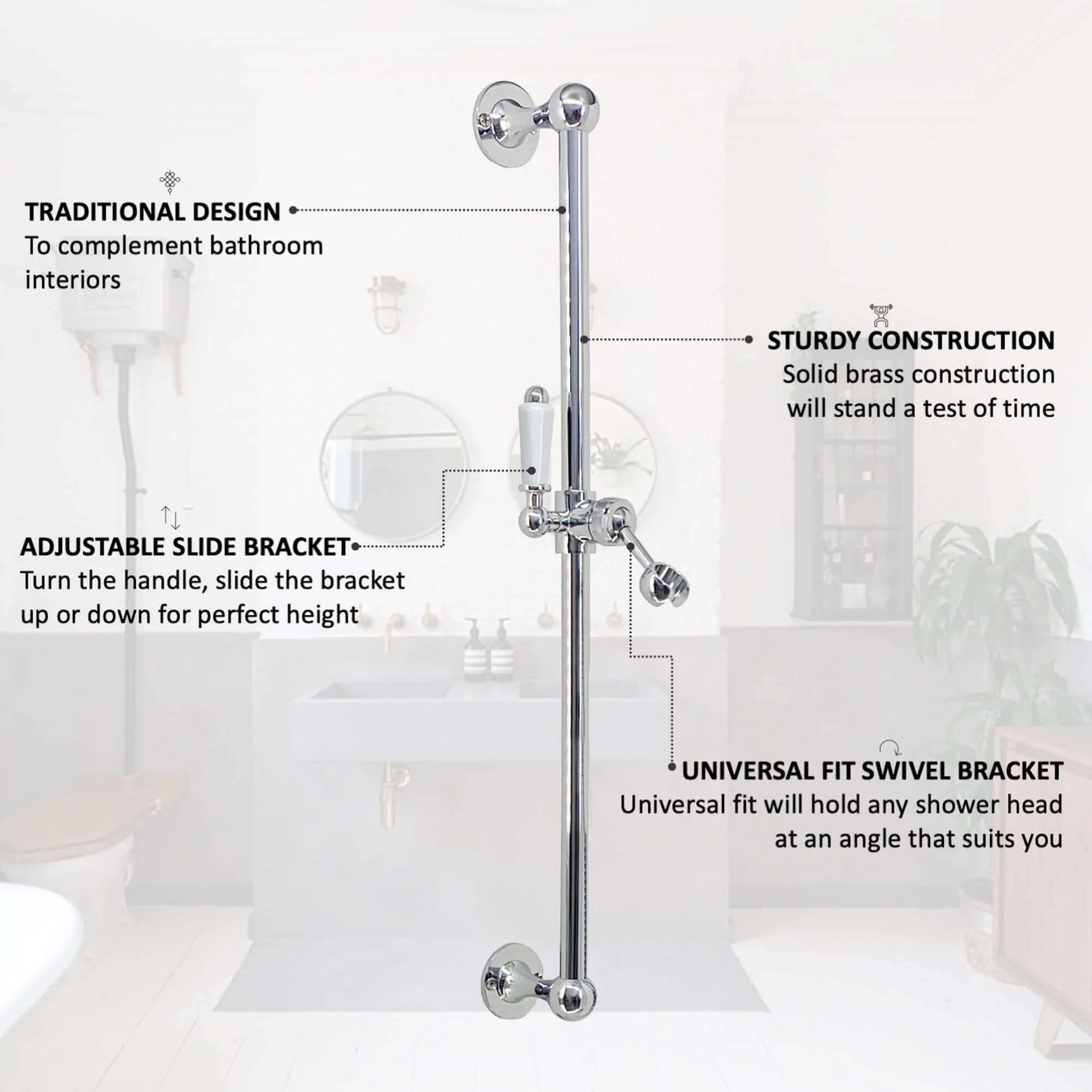 Traditional Shower Slider Rail Kit Lever Design With Brass White Ceramic Handset, Hose And Wall Elbow Outlet - Chrome - Image 5
