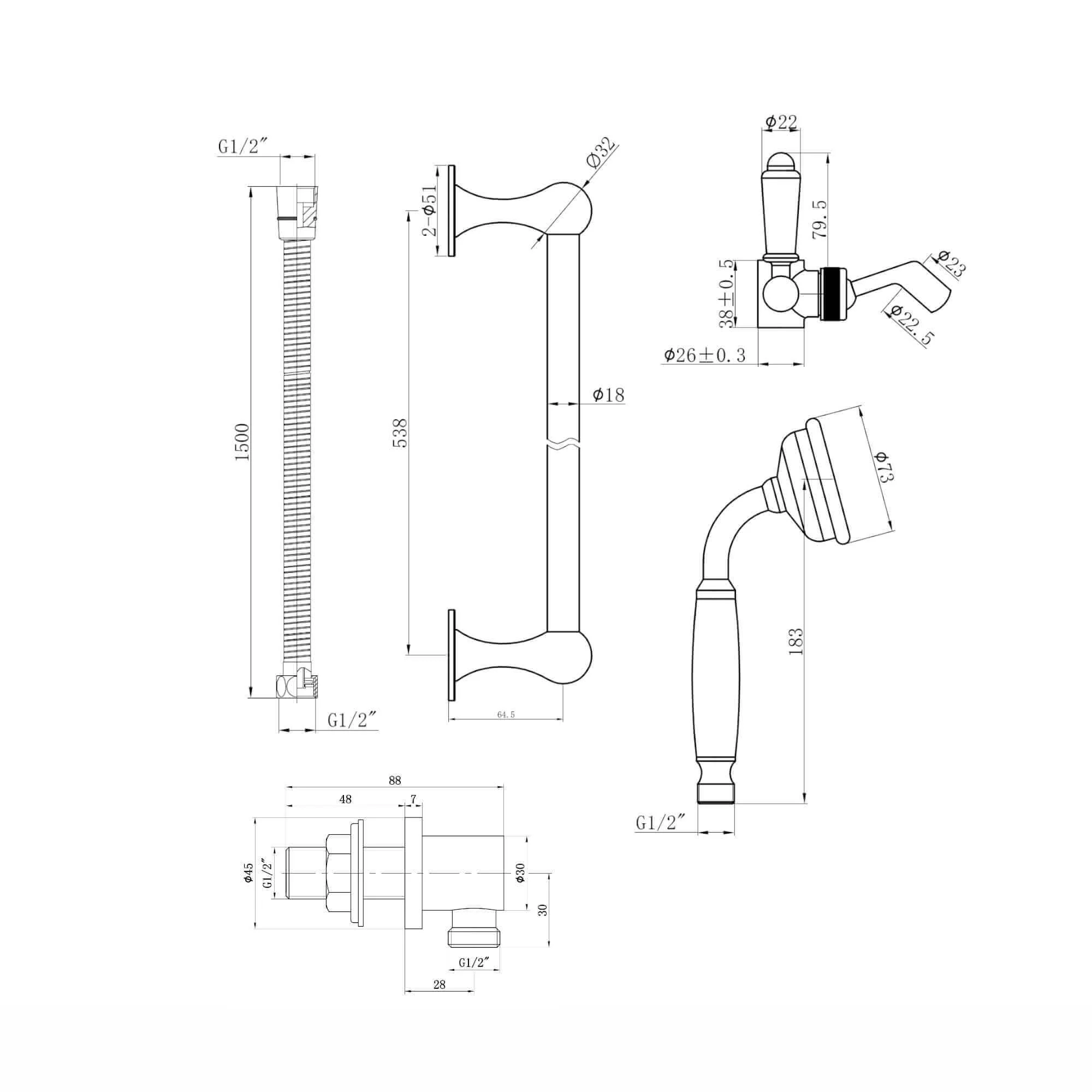 Traditional Shower Slider Rail Kit Lever Design With Brass White Ceramic Handset, Hose And Wall Elbow Outlet - Chrome - Image 6