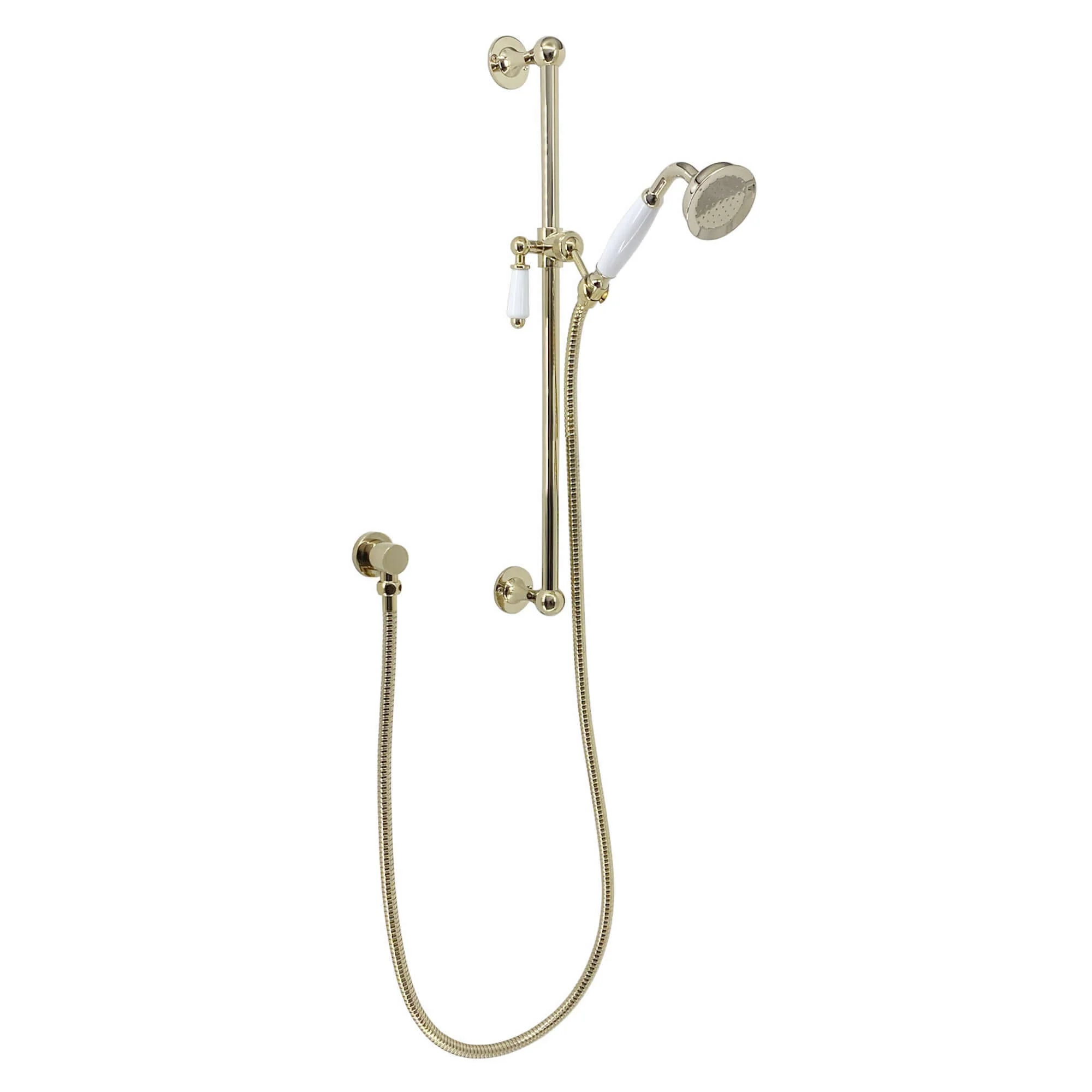 Traditional Shower Slider Rail Kit Lever Design With Brass White Ceramic Handset, Hose And Wall Elbow Outlet - Gold - Image 4