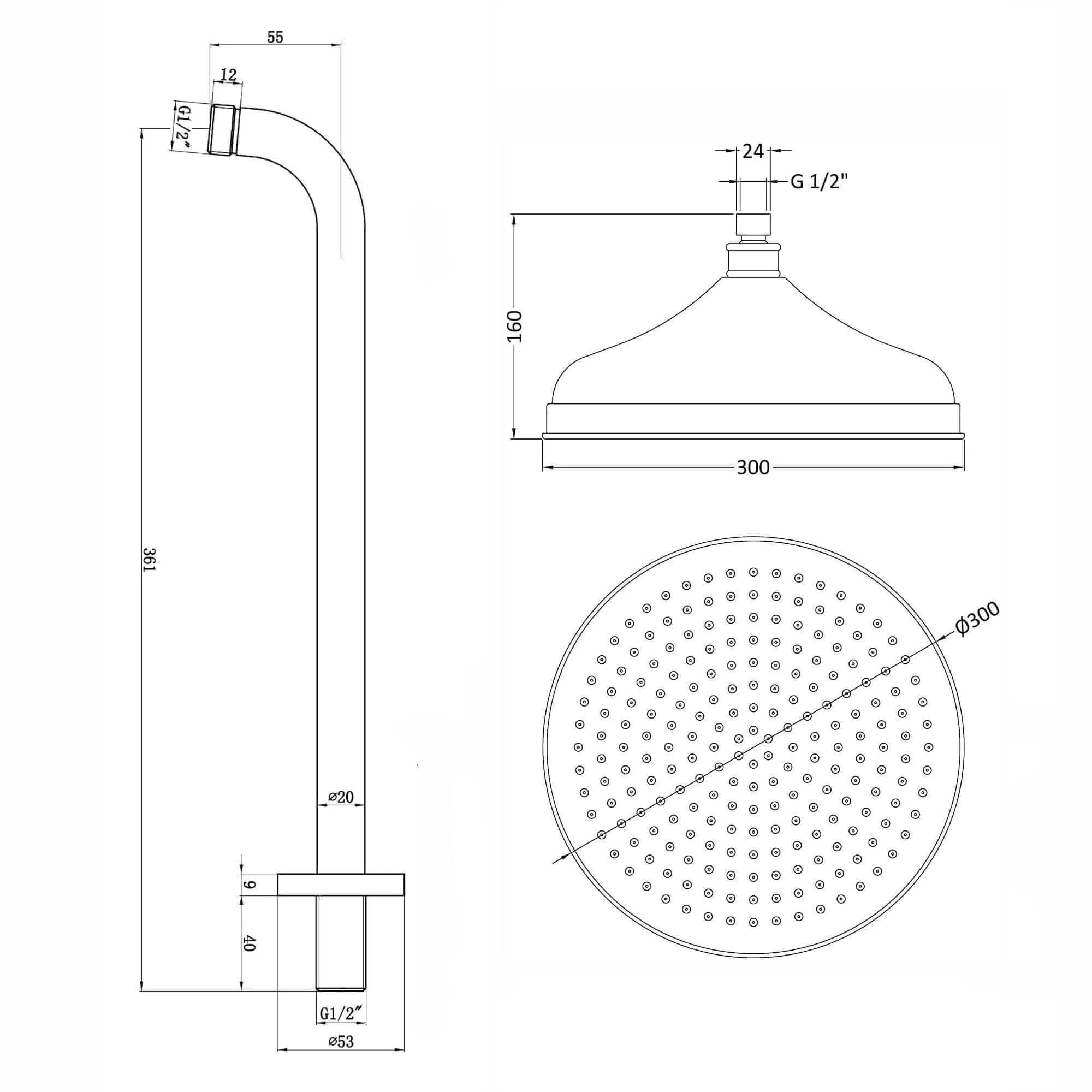 Traditional Wall Fixed Apron Brass Shower Head 12" With Shower Arm - Chrome - Image 2