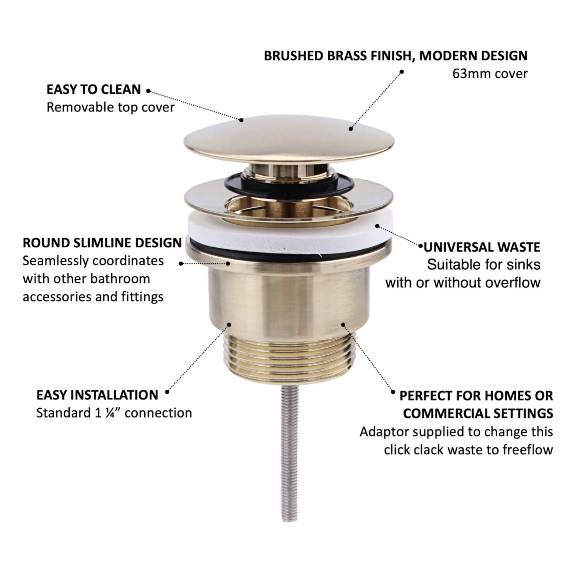 Universal click clack or freeflow basin waste for sinks with or without overflow - brushed brass - Image 3