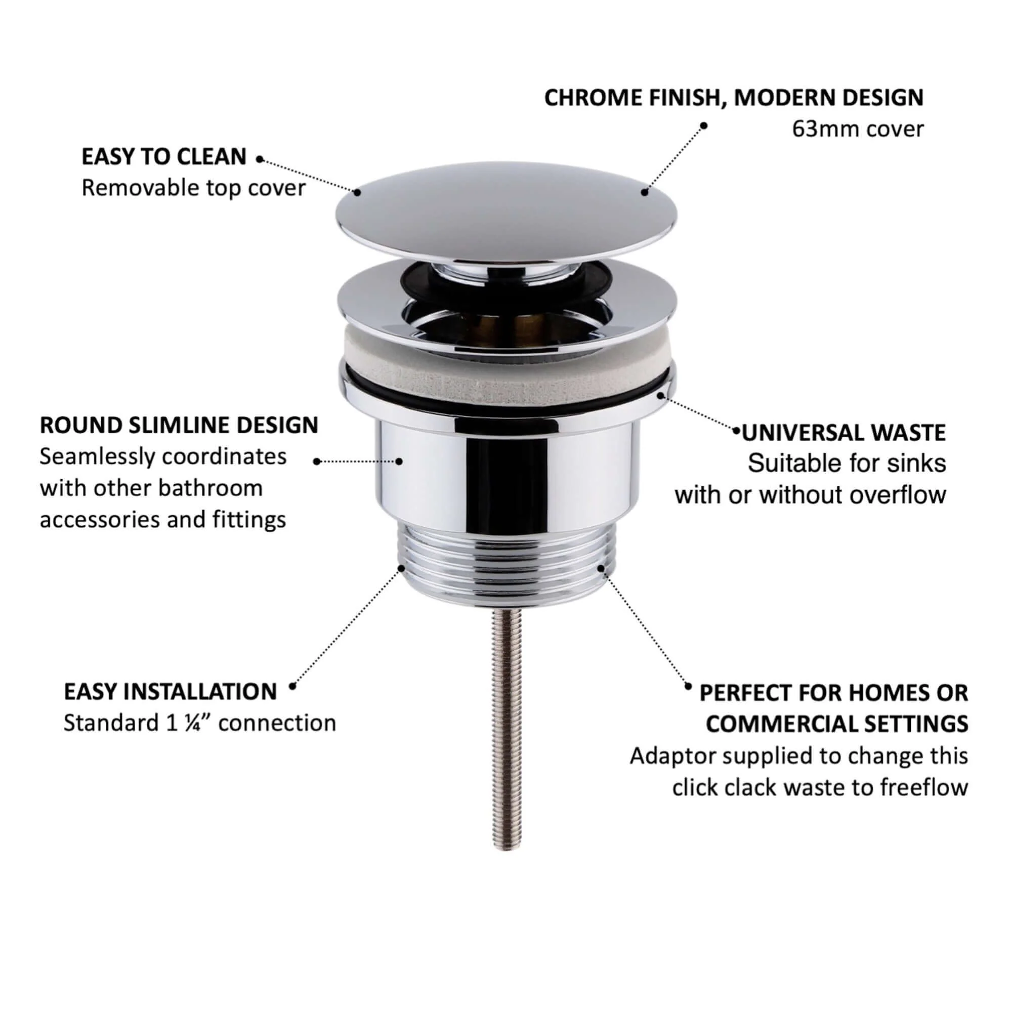 Universal click clack or freeflow basin waste for sinks with or without overflow - chrome - Image 3