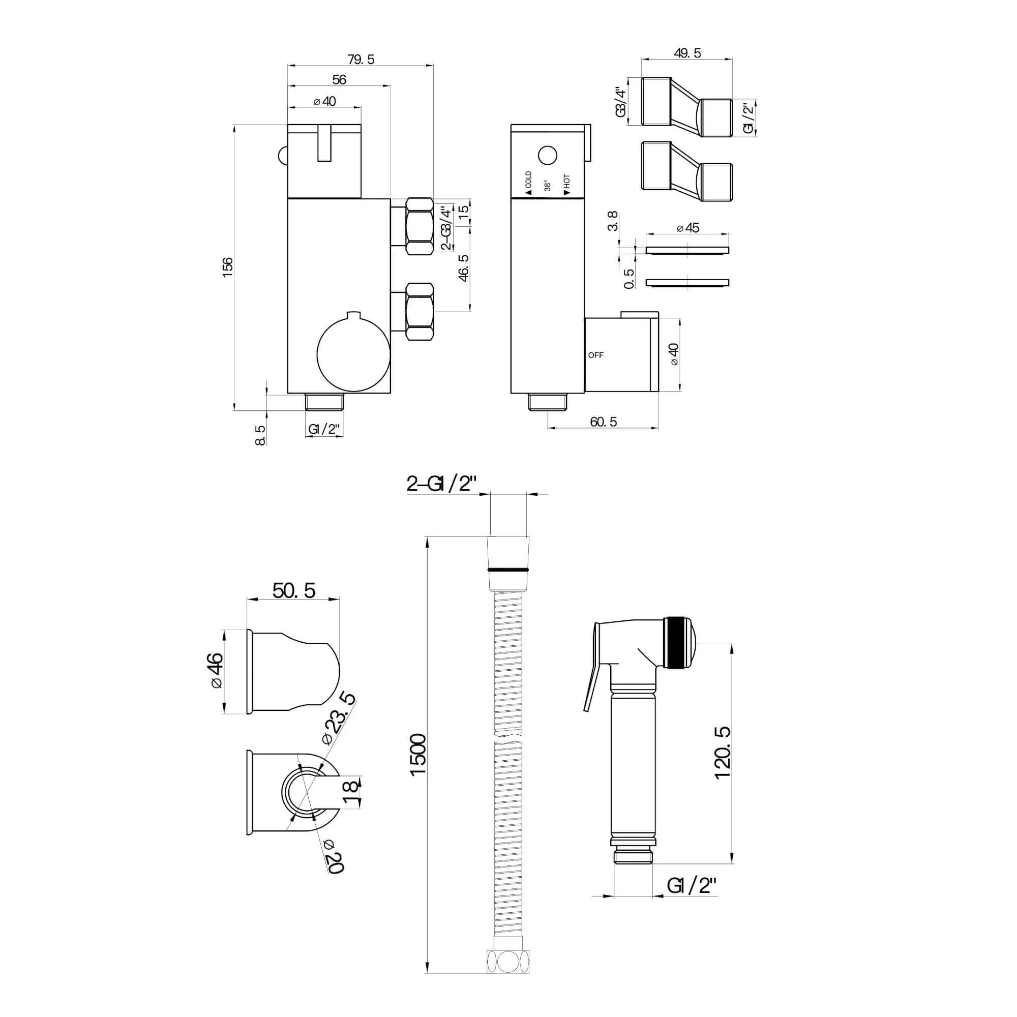 Vero round douche thermostatic bar valve with shower spray kit - brushed brass - Image 4