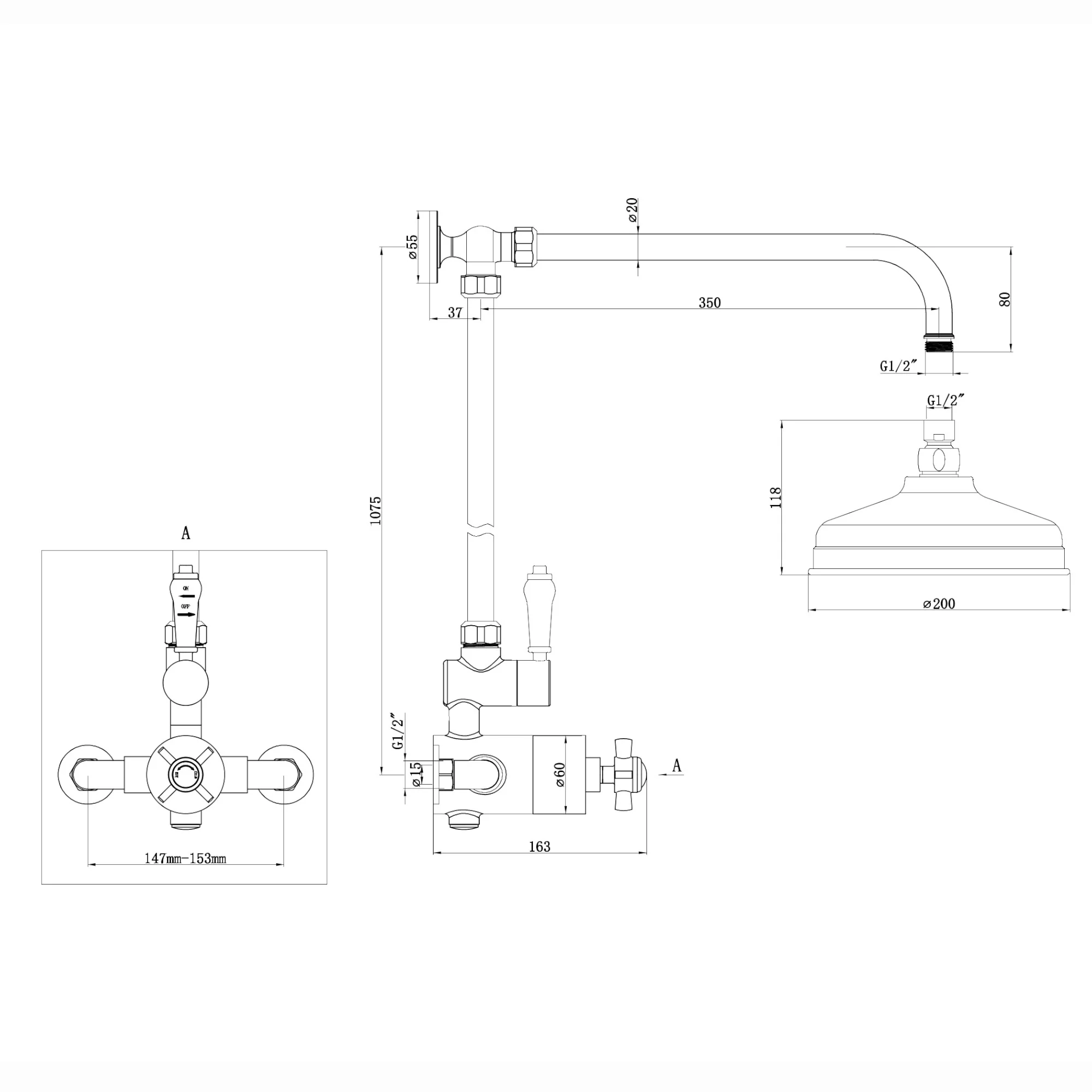 Windsor traditional thermostatic shower set single outlet incl. angled riser rail, rain shower head 200mm - antique brass - Image 4