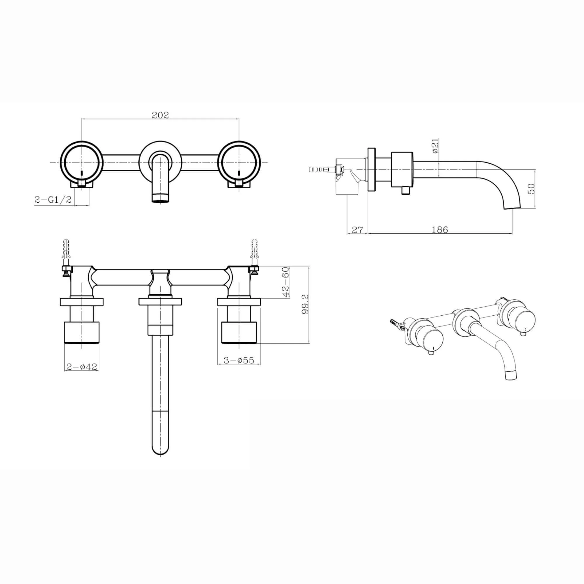 Zara contemporary wall mounted basin mixer tap (3TH) - brushed brass - Image 3