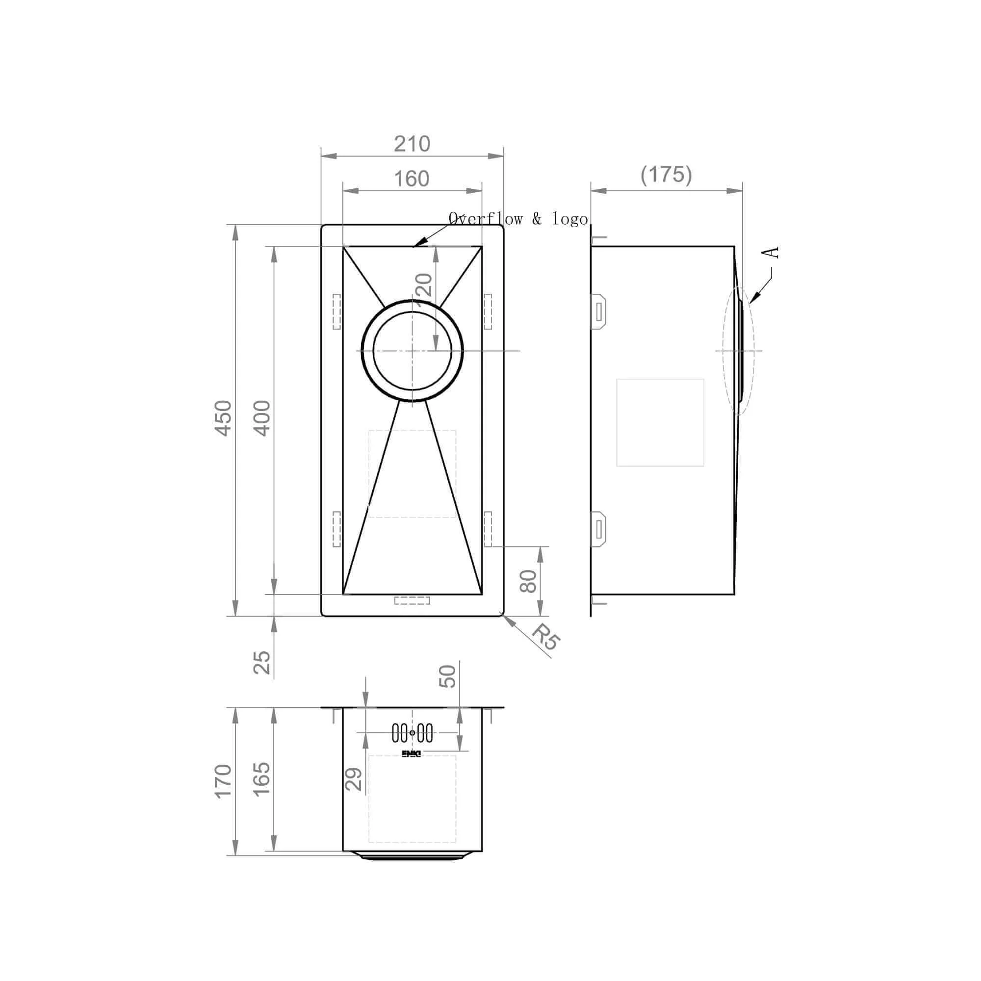 Zero 210mm x 450mm 0.5 bowl undermount or topmount kitchen sink with overflow - gunmetal grey stainless steel - Image 8